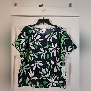 Liz Claiborne Navy, Green And White Leaf Print Short Sleeve Women's Top. M